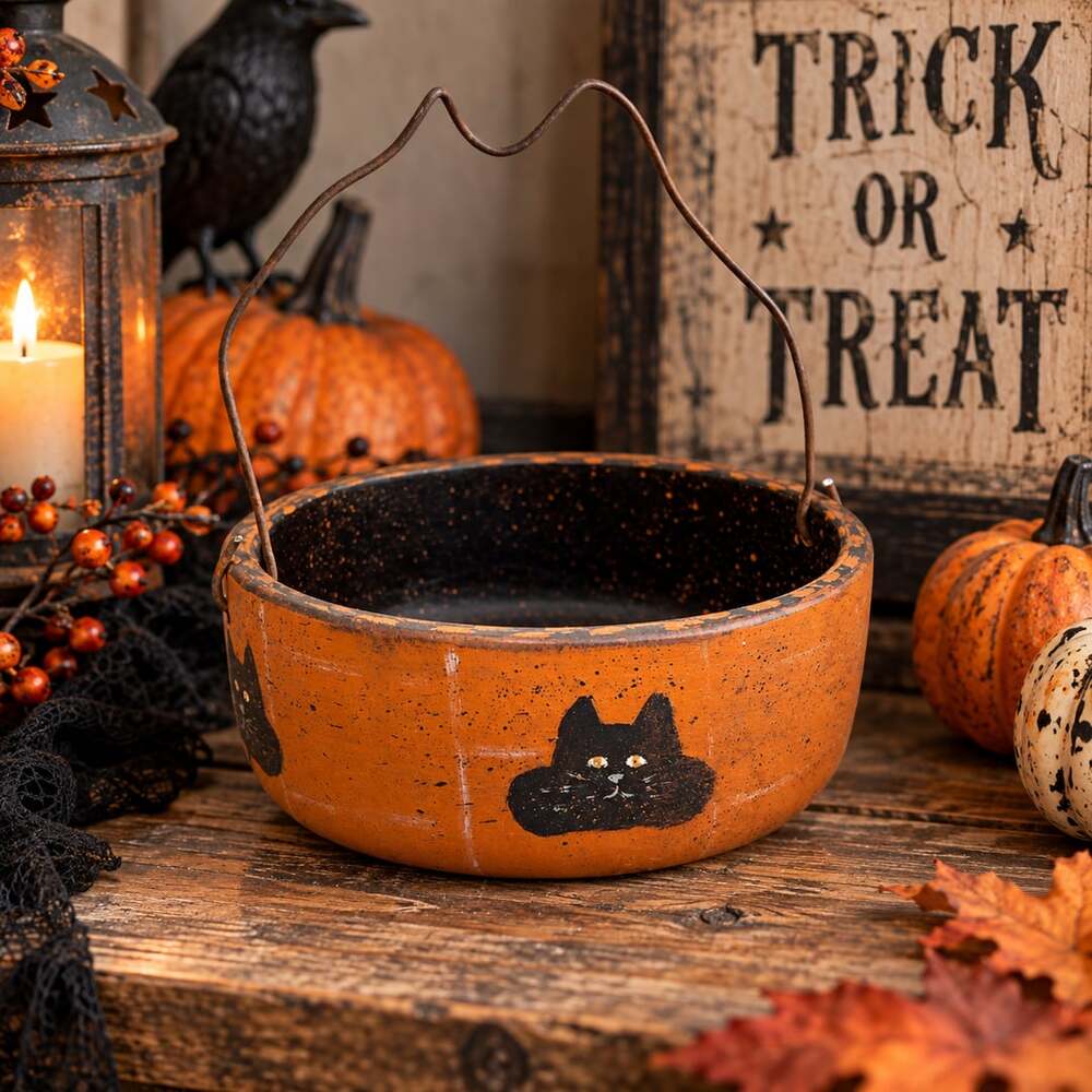 Primitive Halloween Black Cat Wood Bowl Basket Wire Handle Handmade Folk Art Vtg